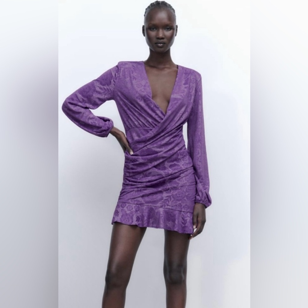 Zara Viral Purple Floral Jacquard Mini Dress Long Sleeve with Ruffle Size M